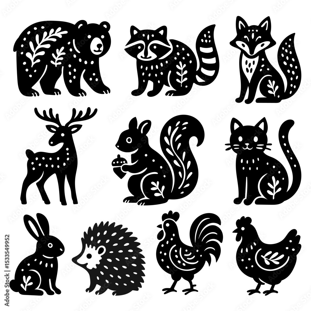 Obraz premium Abstract rustic folk shapes with animals. Ethnic folk stickers in scandinavian style. Boho animals silhouettes and floral patterns, doodle Scandinavian folk textile
