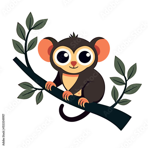 Cute Cartoon Tarsier Sitting on a Tree Branch with Green Leaves Illustration
