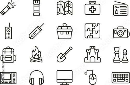 Adventure Game Line Icons Set. Exploration, Quests, Challenges, Rewards. Vector Illustration. Editable Stroke