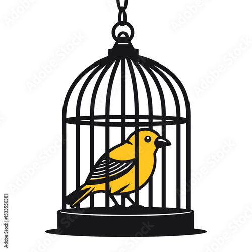 Yellow Bird Inside a Black Birdcage Vector Illustration on White Background, Symbolizing Captivity and Freedom