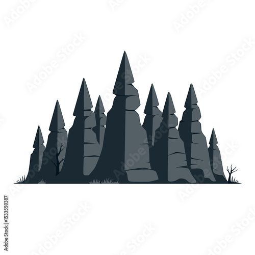 Stylized Dark Forest with Coniferous Trees and Bare Branches in a Flat Design Illustration