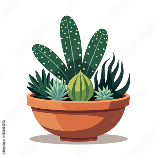 Illustration of a Variety of Cacti and Succulents in a Terracotta Pot, Flat Design Style