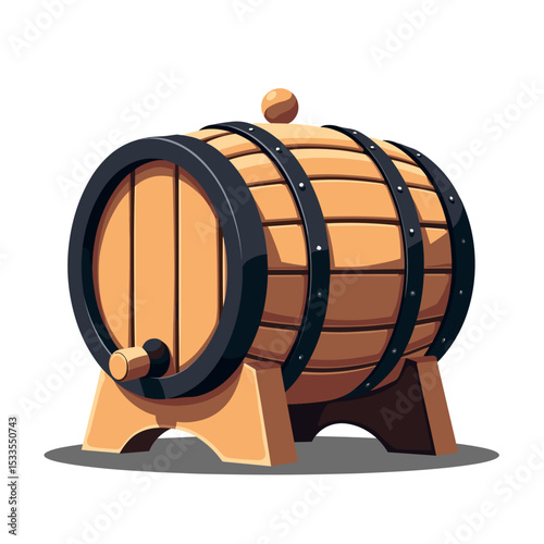 Cartoon Wooden Barrel with Metal Hoops and Spigot Illustration on a White Background