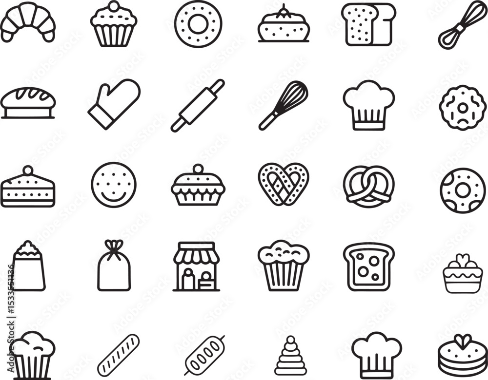 Delicious Bakery And Pastry Line Icons Set. Cakes, Bread, Sweets, Dessert. Editable Stroke. Vector Illustration Delicious Bakery And Pastry Line Icons Set. Cakes, Bread, Sweets, Dessert. Editable Stroke. Vector Illustration