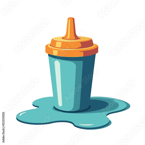 Cartoon Illustration of a Spilled Blue and Orange Sippy Cup with Liquid on a White Background