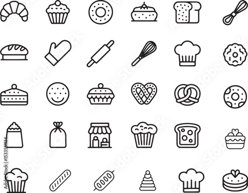 Delicious Bakery And Pastry Line Icons Set. Cakes, Bread, Sweets, Dessert. Editable Stroke. Vector Illustration