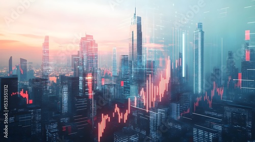 Global finance cityscape stock market data overlay