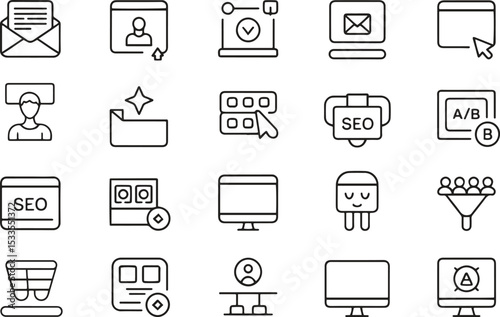 Digital Marketing Thin Line Icons Set. SEO, Social Media, Analytics, Advertising. Editable Stroke. Vector Illustration