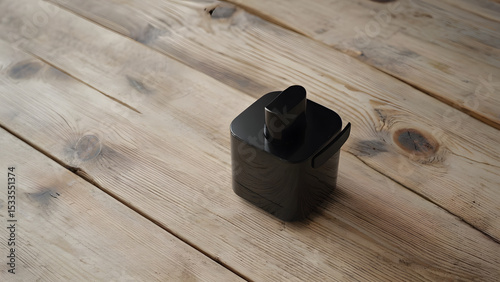Matte cube-shaped dispenser on wood surface