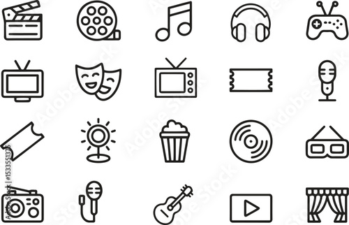 Entertainment Line Icons Set. Music, Movies, Gaming, Media. Editable Stroke. Vector Illustration