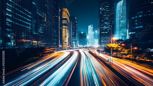 Night city highway traffic light trails skyscrapers