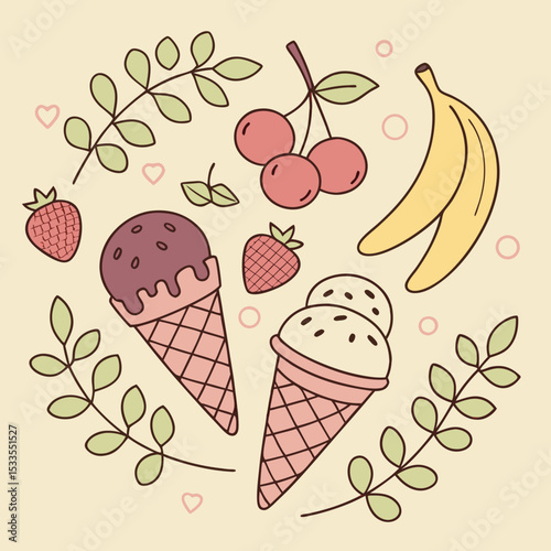 Cute ice cream and fruit collage forming a summer smiley face, perfect for fun seasonal designs