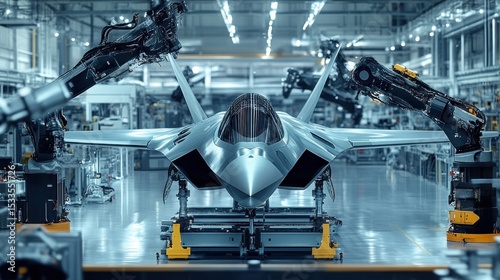 Modern jet aircraft in a high-tech factory.  Robotic arms position components