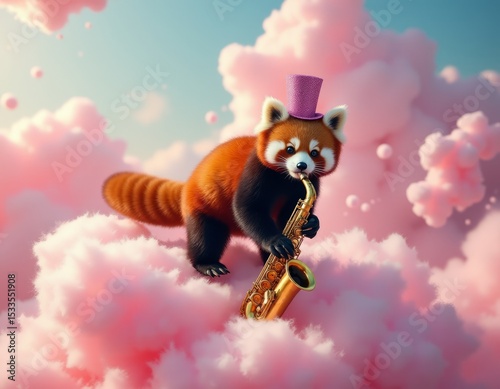 Ethereal Sugar Sky Concert Adorable Red Panda Artist Playing Jazzy Tunes in a Dreamscape