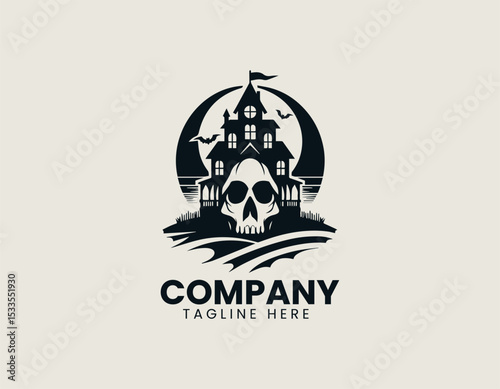 Terrifying Skull Haunted House Of Horror Spooky Fright Night Vector Logo Design
