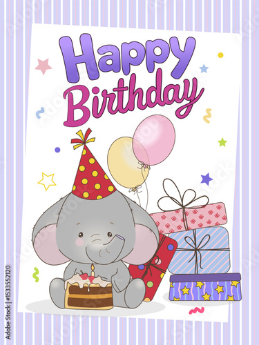 Vector illustration of a cheerful elephant wearing a party hat, surrounded by birthday gifts and holding a cake. The festive scene includes colorful balloons and confetti, creating a joyful atmosphere