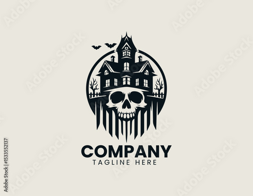 Terrifying Skull Haunted House Of Horror Spooky Fright Night Vector Logo Design