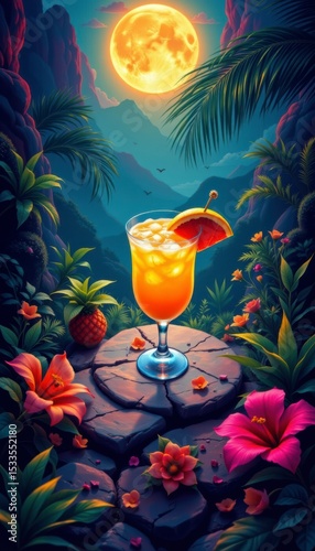 Tropical Cocktail at Night Under a Full Moon