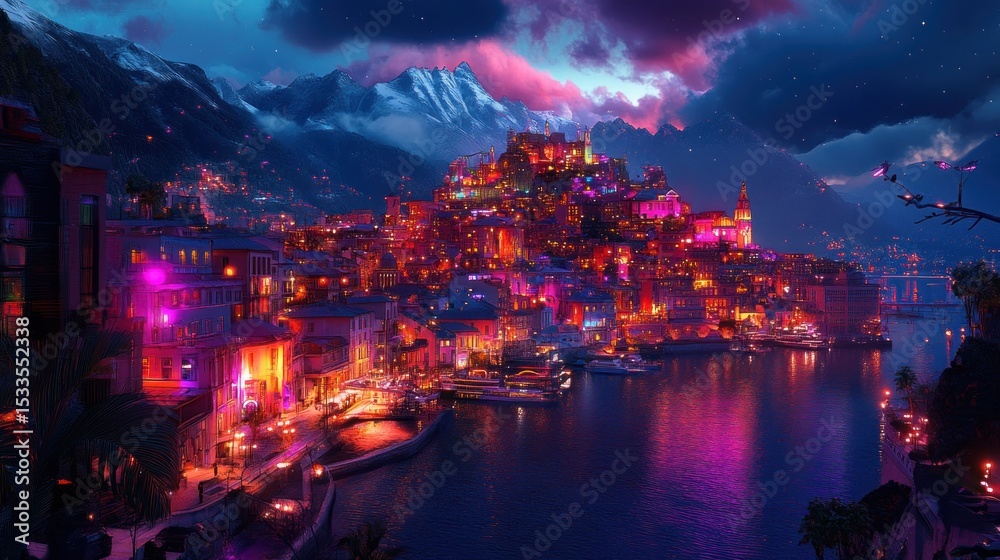 Fototapeta premium Vibrant mountain town at night. Colorful, illuminated buildings cluster along a waterfront