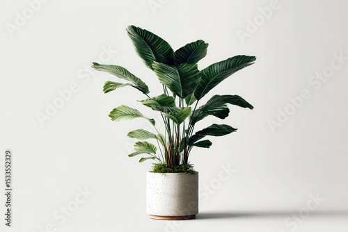 Lush green tropical plant in a light speckled cylindrical pot against a stark white background