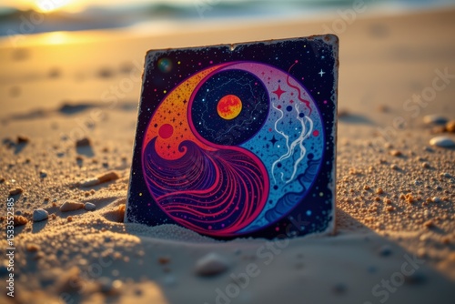 Vibrant Yin Yang Tile on a Sandy Beach at Sunset