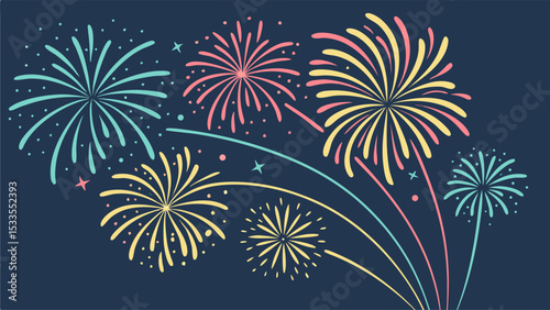 Illustration of several colorful fireworks exploding in the night sky with small stars scattered around them