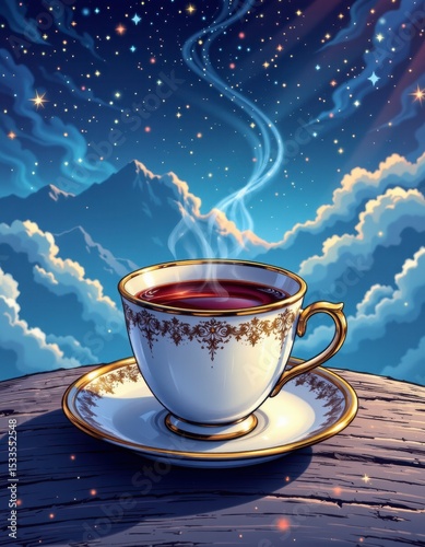 Aromatic Tea in Ornate Cup Night Sky, Mountain View, Pixel Art