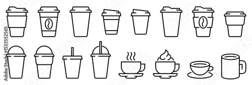 Coffee cup icons vector set in line and flat style. Disposable coffee cup. Coffee paper cup, plastic container for hot and cold drink, juice, tea, cocoa and other. Vector illustration