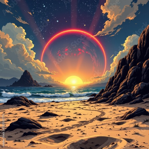 Pixel Art Seascape Sunset Vibrant Red Ring over Ocean Beach