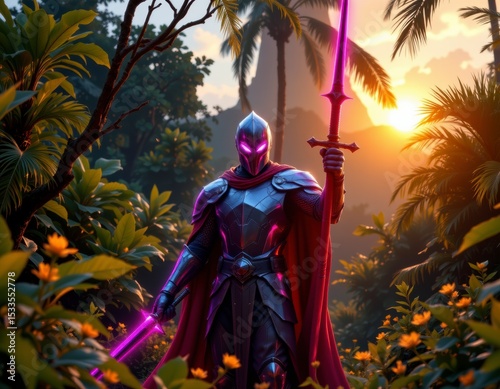 Powerful Knight in Glowing Armor Stands in Tropical Jungle at Sunset