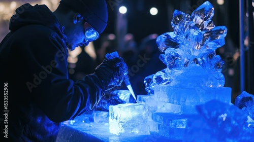 Person carving glowing blue ice sculpture.