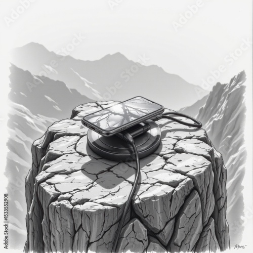 Cracked Smartphone on Mountaintop Charger Wireless Charging Dramatic Grayscale Landscape
