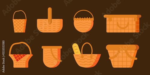 A vector illustration featuring a collection of woven baskets in different shapes and sizes. The set includes picnic baskets, storage baskets, and market baskets. Styled with warm brown tones and simp
