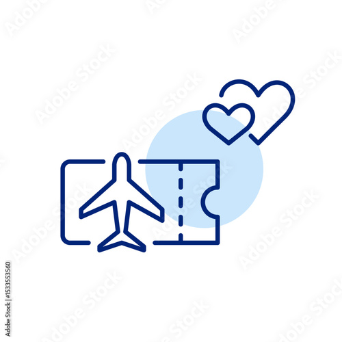Airplane ticket and hearts. Romantic holiday, vacation travel. Honeymoon and anniversary. Pixel perfect, editable stroke icon