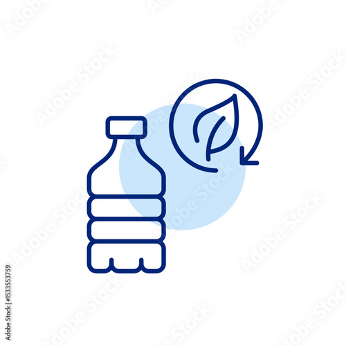 Plastic bottle and leaf in recycling arrow. PET food and beverage packaging. Pixel perfect, editable stroke icon