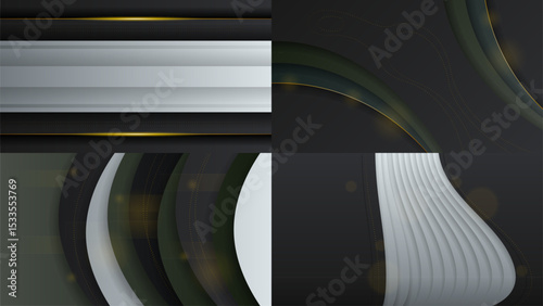 Set Abstract Collection Dark Black Gold Material Modern Background With Golden Lines Stripes Shadows Backdrop Wallpaper Decoration Vector Design Style