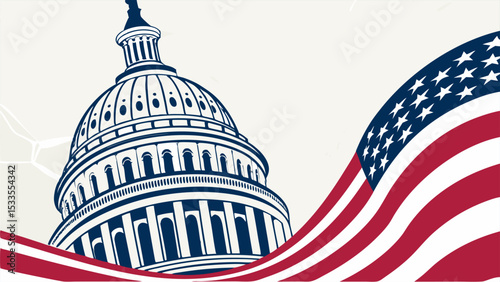 Illustration of the united states capitol building with a waving american flag in the foreground view