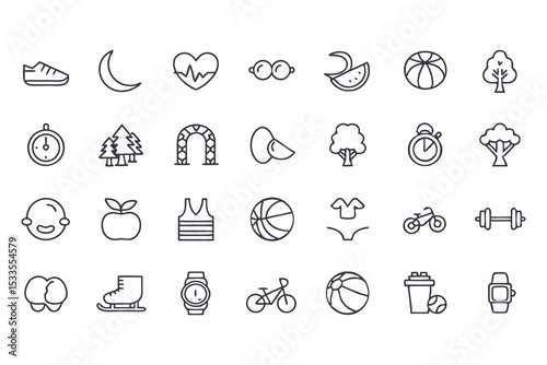 Health and fitness icon set. vector line icons of exercise, nutrition, wellness, sports, sleep, nature, and healthy lifestyle elements.