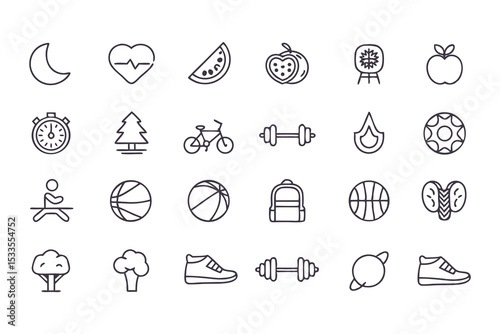 Health and fitness icon set. vector line icons of exercise, nutrition, wellness, sports, sleep, nature, and healthy lifestyle elements.