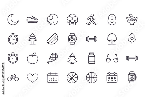 Health and fitness icon set. vector line icons of exercise, nutrition, wellness, sports, sleep, nature, and healthy lifestyle elements.