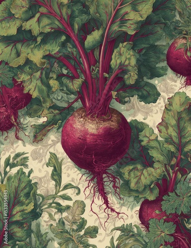 Detailed botanical illustration of vibrant crimson beets, lush green leaves, and intricate root systems against a creamy off-white background
