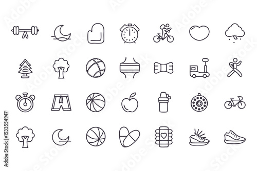 Health and fitness icon set. vector line icons of exercise, nutrition, wellness, sports, sleep, nature, and healthy lifestyle elements.