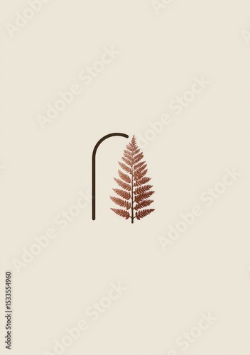 Minimalist design featuring a dried, reddish-brown fern frond positioned beside a stylized dark brown vertical line resembling the letter 'r', set against a muted beige background