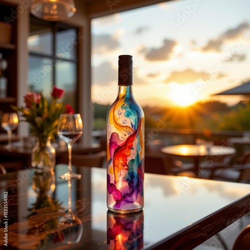 Colorful Abstract Wine Bottle at Sunset on Restaurant Table
