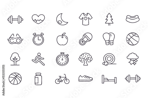 Health and fitness icon set. vector line icons of exercise, nutrition, wellness, sports, sleep, nature, and healthy lifestyle elements.