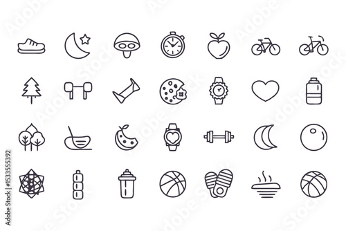 Health and fitness icon set. vector line icons of exercise, nutrition, wellness, sports, sleep, nature, and healthy lifestyle elements.