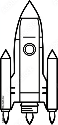 Simple line drawing of a rocket ship, featuring a pointed nose cone, central body, and two smaller side boosters, all ending in pointed flames