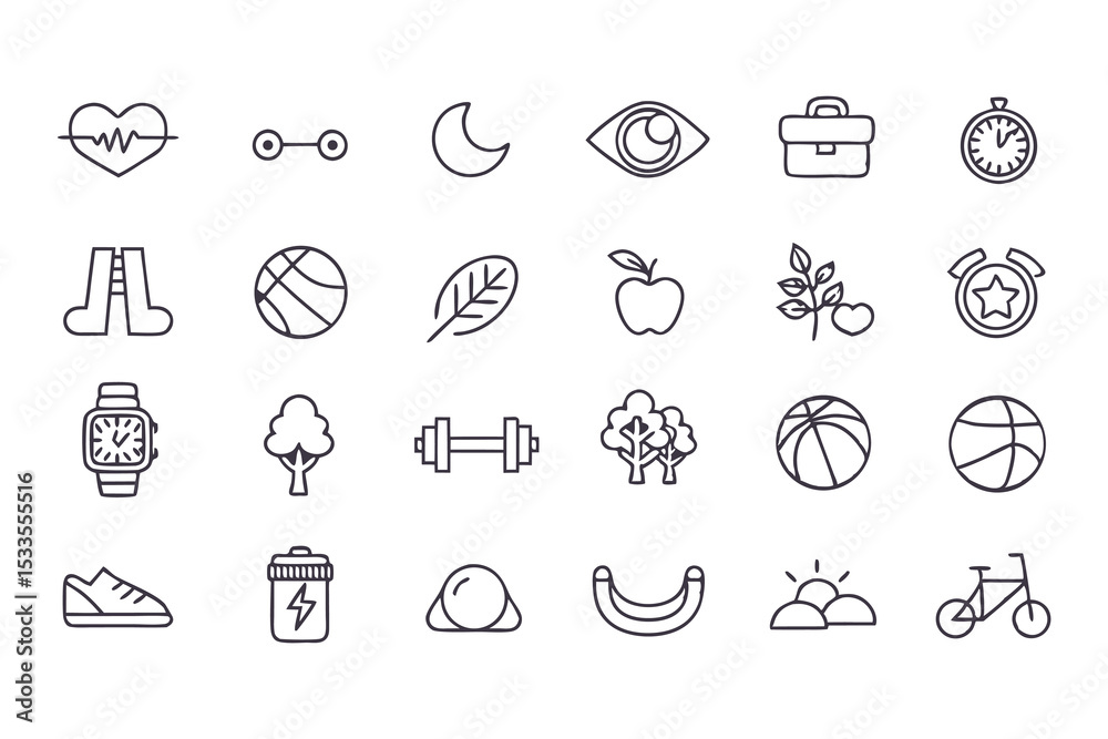Fototapeta premium Health and fitness icon set. vector line icons of exercise, nutrition, wellness, sports, sleep, nature, and healthy lifestyle elements.