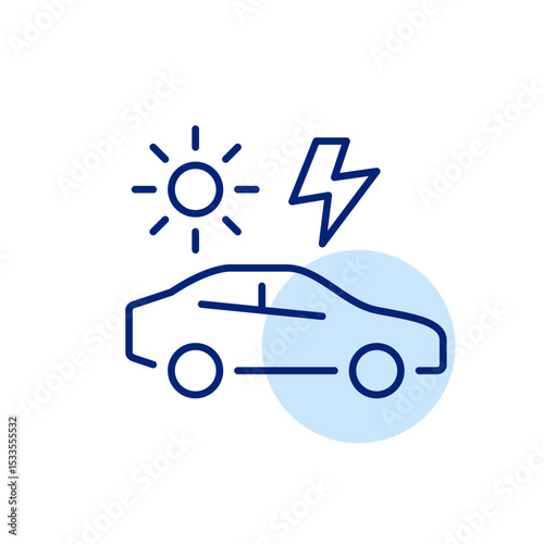 Car side view, sun and lightning. Solar energy run vehicles. Renewable fuel, green living. Pixel perfect, editable stroke icon