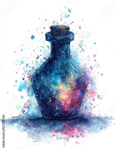 A dark-blue glass bottle, corked, contains a vibrant nebula; watercolor splatter surrounds it on a white background